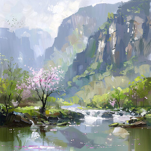 山涧小溪绘画