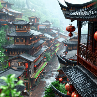 中式古代建筑雨景