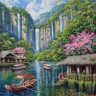 山水画油画手绘风景画