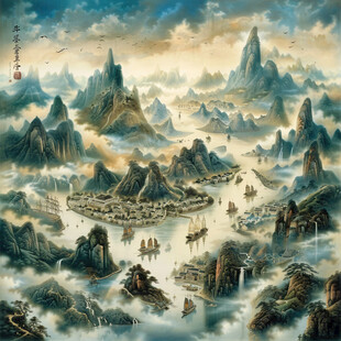 港珠澳彩绘山水水墨