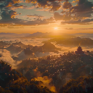 旭日东升山峦庙宇