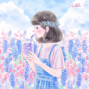 捧花蓝的女孩插画