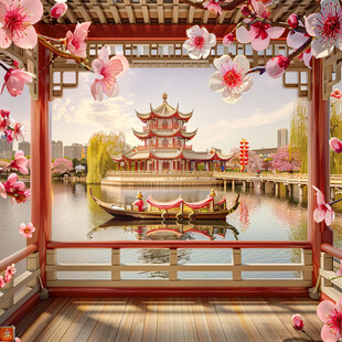 山水楼阁亭台墙画