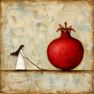 手绘座在苹果上的姑娘