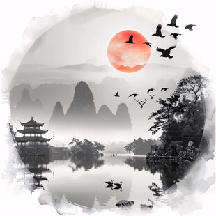 旭日东升楼阁山水画