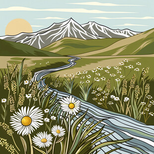 草地野花河流