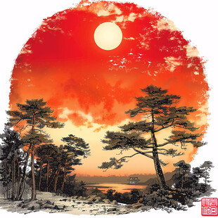 青松红日山峦竹子