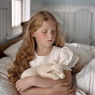 躺在猫身上的小女孩