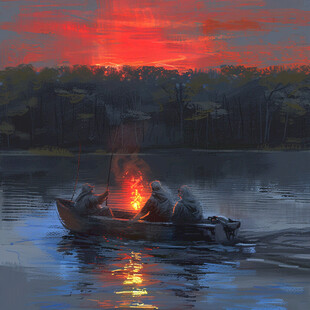 水墨渔夫垂钓水乡