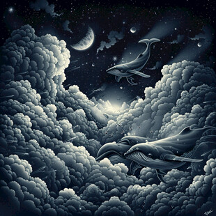 飞翔空中幻想鲸鱼插画