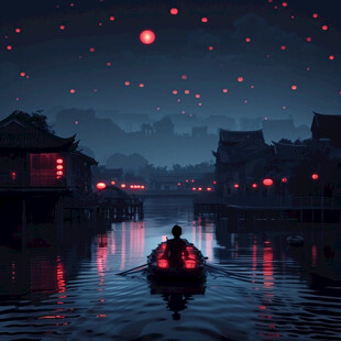 夏日放河灯场景