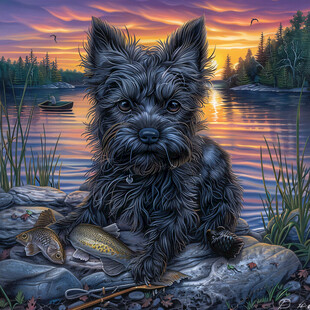 手绘坐在树桩上的小狗