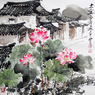 水墨莲花手绘风景画