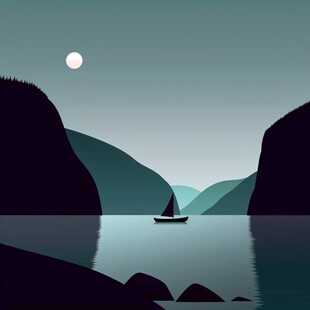 溪流小船白鹤落日山峦