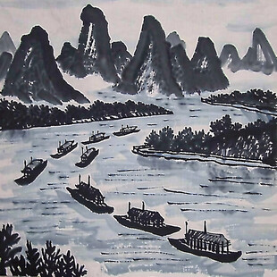 漓江泛舟国画