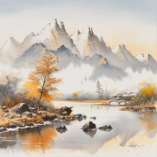 银杏山水风景画