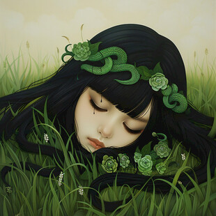 躺在树下的小女孩插画