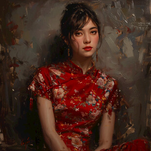 油画旗袍女