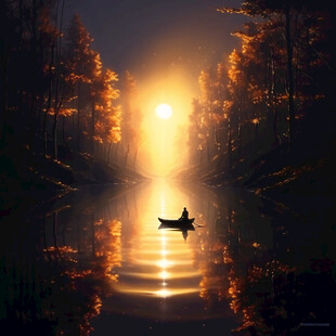 秋季河流森林小船