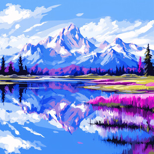 插画山水湖