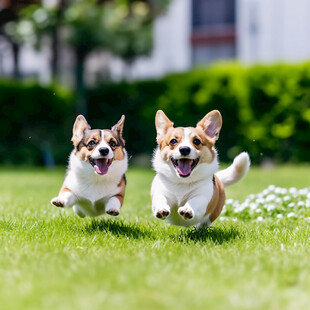 草地上的柴犬和柯基