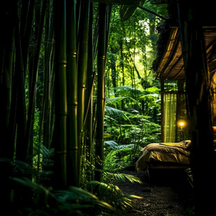 长袍姑娘亭子竹子