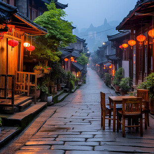 古镇雨天夜景