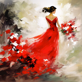 手绘红裙女孩