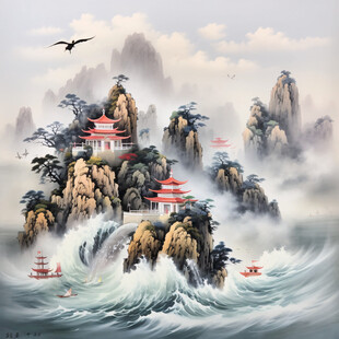 海浪仙鹤松树