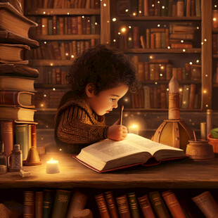 开的小台灯看书的小朋
