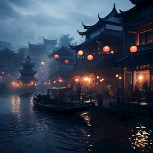 古代街道夜景