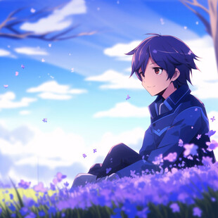 花丛中的男生背影