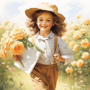 采花的小女孩插画