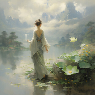 仲夏风荷塘侍女