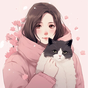 抱猫美女猫插画