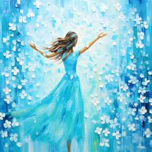 捧花蓝的女孩插画