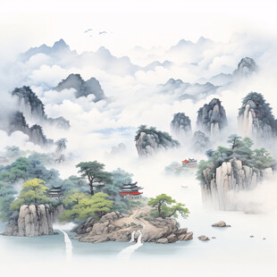 手绘风景画烟雾山水画