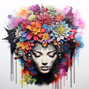 彩绘女人植物抽象画