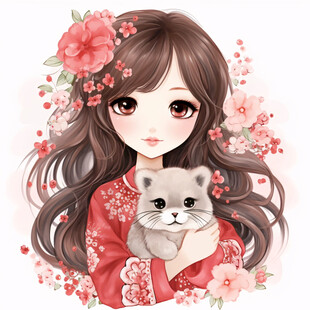 抱猫美女猫插画