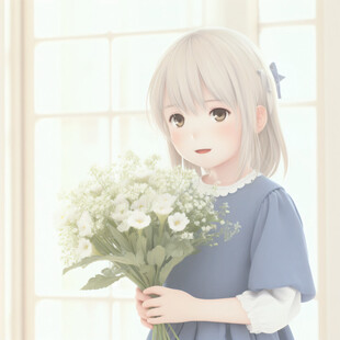 女孩捧花微笑插画