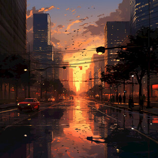 日落街道插画