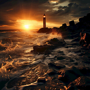 阳光夕阳太阳岩石岸边