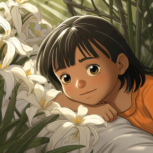 闻花的卡通小女孩