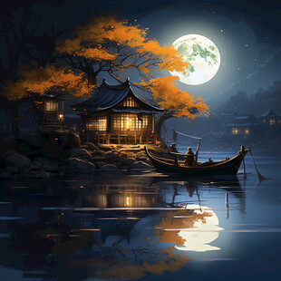 虎溪夜月景点插画