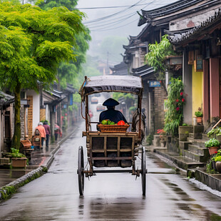 冒雨骑行的三轮车夫