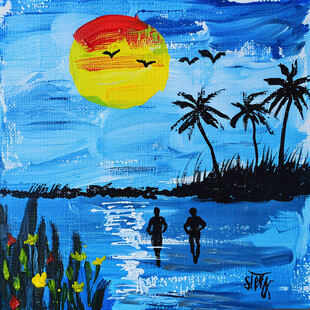 手绘海滩抽像画