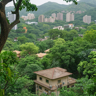 密集房屋绿色山林树木