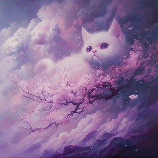 春天猫咪樱花插画壁纸