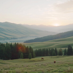 山地丘陵草场夕阳