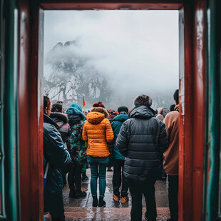 古建筑下雪天游人